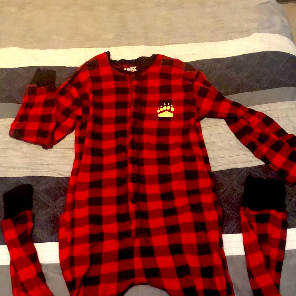 Lazy One Adult Buffalo Plaid Bear Christmas Onesie—Size S